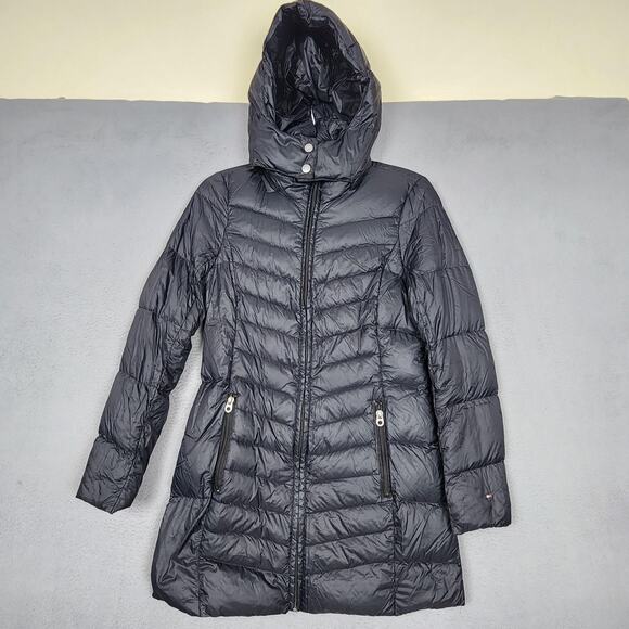 Tommy Hilfiger Puffer Coat Womens XS Black Hooded Long Down Jacket Packable - Picture 1 of 15